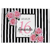 スウィート16ピンク花模様白黒ストライプ ラージペーパーバッグ (裏面)