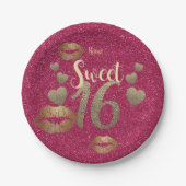 スウィート16ピンク金ゴールドグリッターリップパーソナライズされた ペーパープレート (正面)