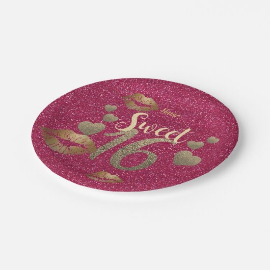 スウィート16ピンク金ゴールドグリッターリップパーソナライズされた ペーパープレート (アングル)