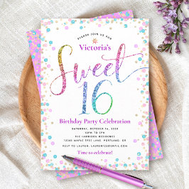 スウィート16ピンク金ゴールドブルーグリッタードット誕生日 招待状