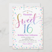 スウィート16ピンク金ゴールドブルーグリッタードット誕生日 招待状 (正面)