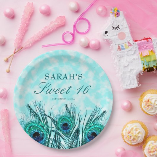 スウィート16ピーコックフェザーズブルーティール（緑がかった色）グリッター ペーパープレート (パーティー)