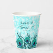 スウィート16ピーコックフェザーズブルーティール（緑がかった色）グリッター 紙コップ (裏面)