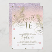 スウィート16フェイクグリッタードット金ゴールド羽ピンククラフト 招待状 (正面/裏面)