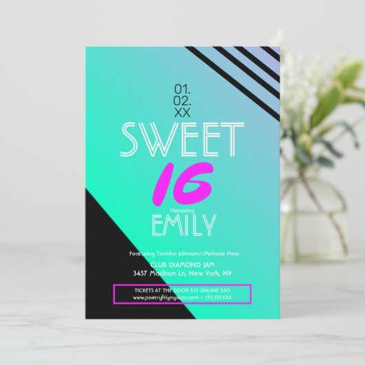 スウィート16フライヤークラブテーマ幾何学的ネオンストライプズ 招待状 (スタンド正面)