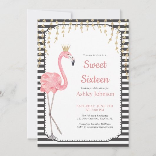 スウィート16フラミンゴブラック&ホワイトピンク金ゴールド誕生日 招待状 (正面)