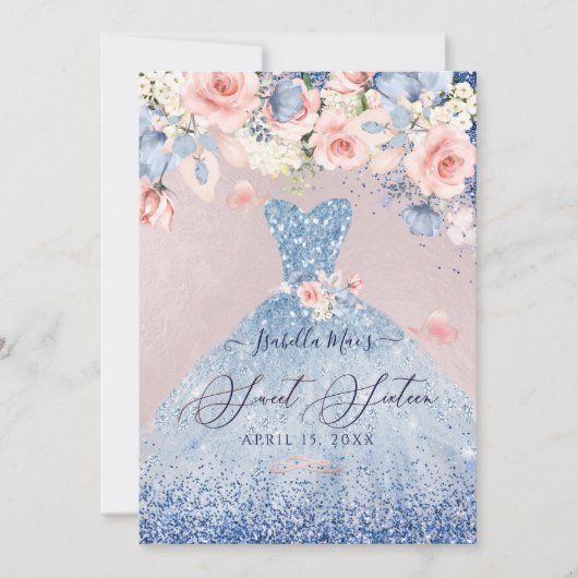 スウィート16フローラほこりっぽいブルーグリッターガウン 招待状 (正面)