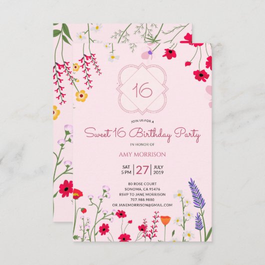 スウィート16フローラ誕生日パーティー 招待状 (正面/裏面)