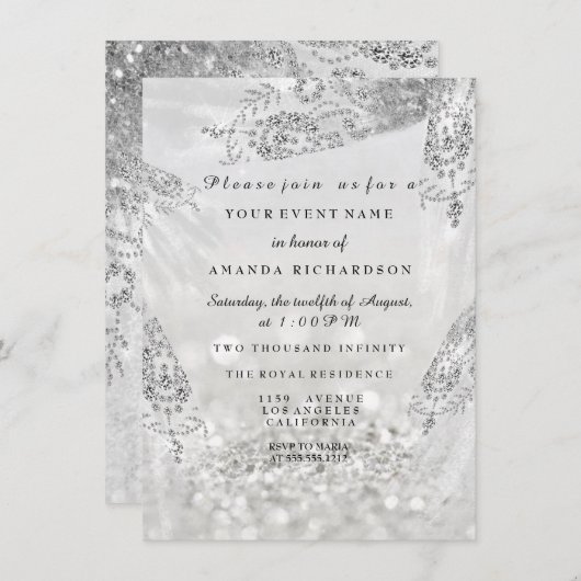 スウィート16ブライダルシャワーグ王室のレーシルバードレス 招待状 (正面/裏面)