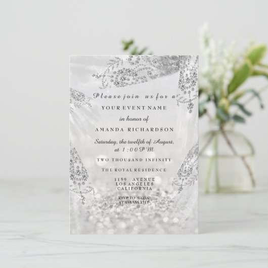 スウィート16ブライダルシャワーグ王室のレーシルバードレス 招待状 (スタンド正面)