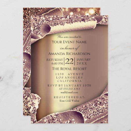 スウィート16ブライダルシャワーバラ金ゴールドメイクアップ 招待状 (正面/裏面)