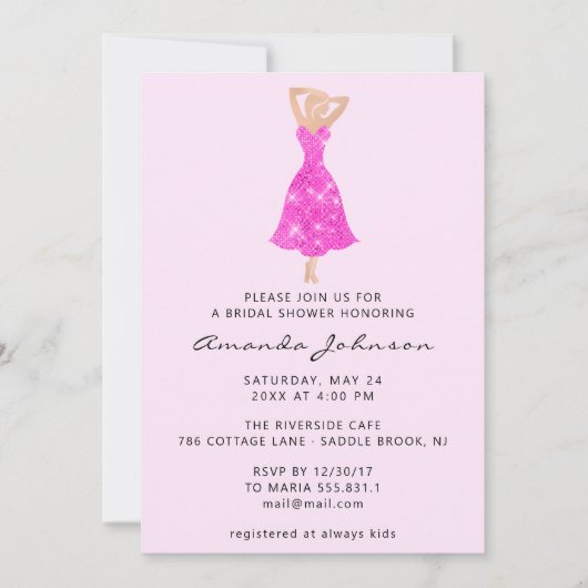 スウィート16ブライダルシャワーピンクドレススパーク 招待状 (正面)