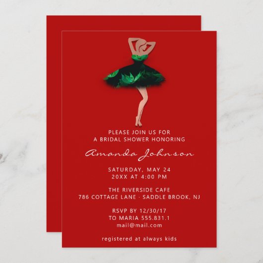 スウィート16ブライダルシャワーレッドグリーンドレス 招待状 (正面/裏面)