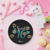 スウィート16ブラックターコイズ金ゴールドカスタムグリッター ペーパープレート (パーティー)