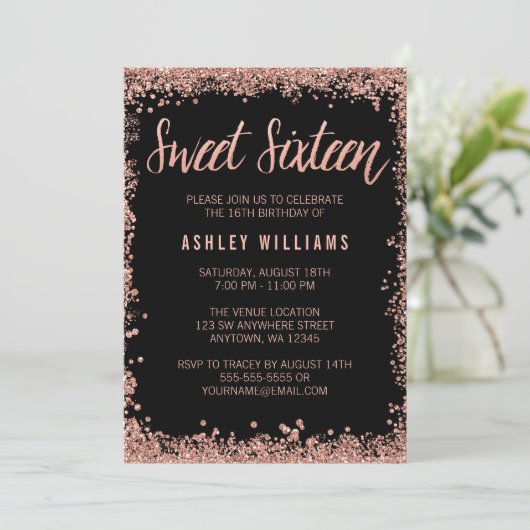 スウィート16ブラックバラ金ゴールドフェイクグリッター誕生日 招待状 (スタンド正面)