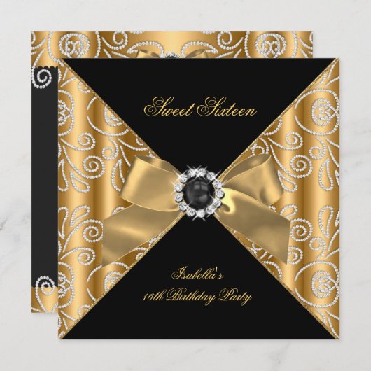 スウィート16ブラックブロンズ金ゴールドフェイクダイヤモンド 招待状 (正面/裏面)