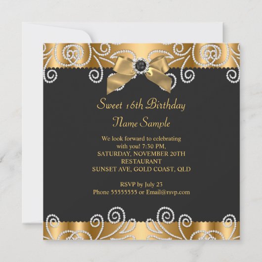 スウィート16ブラックブロンズ金ゴールドフェイクダイヤモンド 招待状 (裏面)