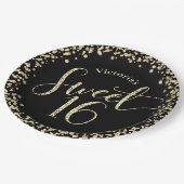 スウィート16ブラック金ゴールドグリッター紙吹雪シック誕生日 ペーパープレート (アングル)