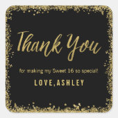 スウィート16ブラック金ゴールドグリッター誕生日の好意 スクエアシール (正面)