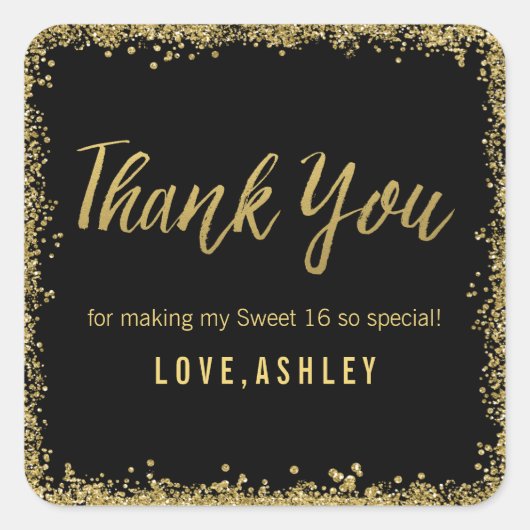 スウィート16ブラック金ゴールドグリッター誕生日の好意 スクエアシール (正面)