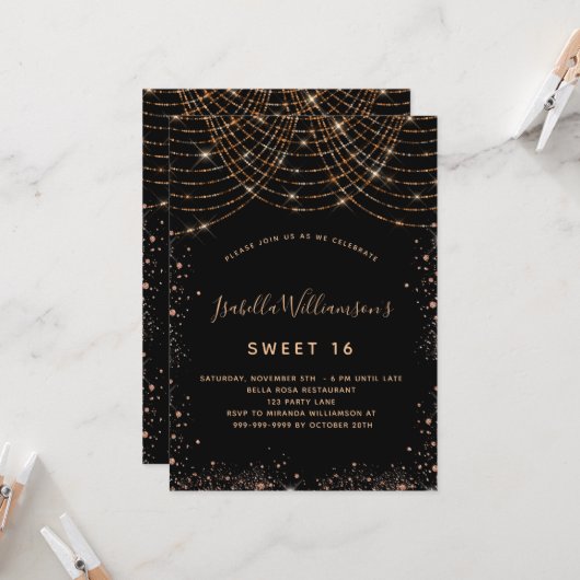 スウィート16ブラック金ゴールドグリッター誕生日 招待状 (正面/裏面インサイチュ)