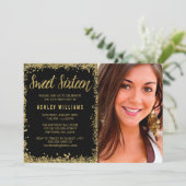 スウィート16ブラック金ゴールドグリッター誕生日 招待状 (スタンド正面)