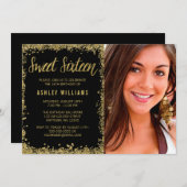 スウィート16ブラック金ゴールドグリッター誕生日 招待状 (正面/裏面)