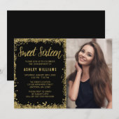 スウィート16ブラック金ゴールドグリッター誕生日 招待状 (正面/裏面)