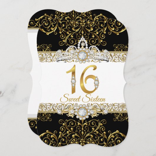 スウィート16ブラック金ゴールドダイヤモンドグラマー誕生日 招待状 (正面/裏面)