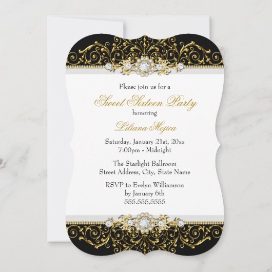 スウィート16ブラック金ゴールドダイヤモンドグラマー誕生日 招待状 (裏面)