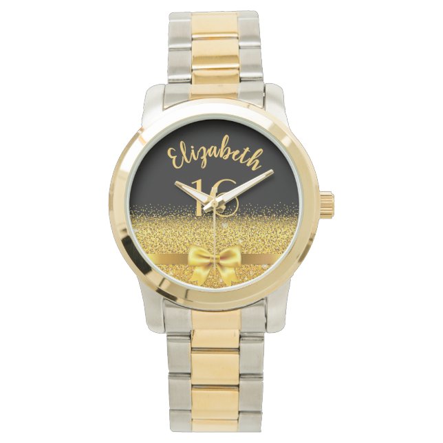 スウィート16ブラック金ゴールドボウ 腕時計 (正面)