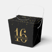 スウィート16ブラック金ゴールド紙吹雪パーソナライズされたテイクアウト フェイバーボックス (正面サイド)