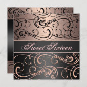 スウィート16ブラック/ピーチスワール誕生日招待状 招待状 (正面/裏面)