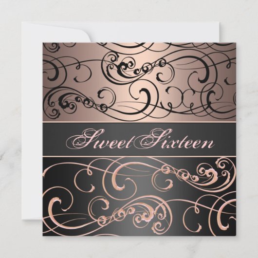 スウィート16ブラック/ピーチスワール誕生日招待状 招待状 (正面)