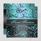 スウィート16ブラック/ブルースワール誕生日招待状 招待状 (正面/裏面)