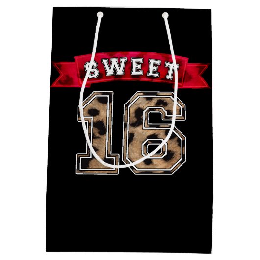 スウィート16ブラック&レッドヒョウ印刷スポーツパーティー ミディアムペーパーバッグ (裏面)