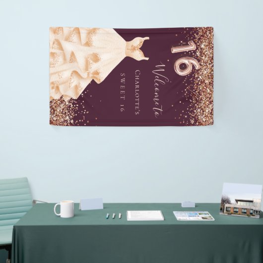 スウィート16ブルゴーニュバラ金ゴールドドレス 横断幕 (トレードショー)