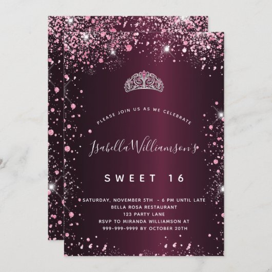 スウィート16ブルゴーニュピンクグリッターティアラ 招待状 (正面/裏面)