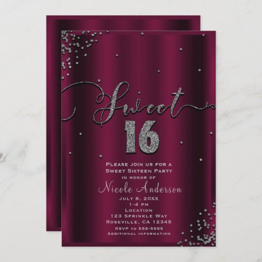 スウィート16ブルゴーニュ銀の紙吹雪コーナー 招待状 (正面/裏面)