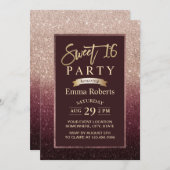 スウィート16ブルゴーニュ&バラ金ゴールドグラデーション誕生日 招待状 (正面/裏面)