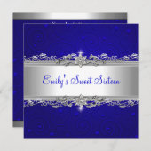 スウィート16ブルーシルバーフローララブバースデーパーティー 招待状 (正面/裏面)