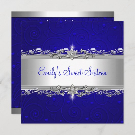 スウィート16ブルーシルバーフローララブバースデーパーティー 招待状 (正面/裏面)
