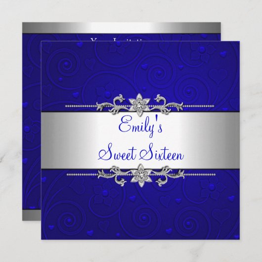 スウィート16ブルーシルバーフローララブバースデーパーティー 招待状 (正面/裏面)