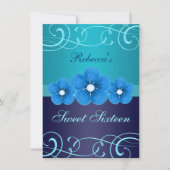 スウィート16ブルーフラワー&ティアラ誕生日招待状 招待状 (正面)