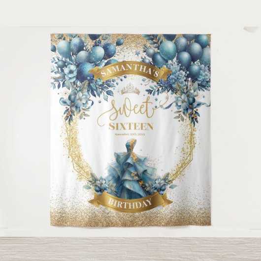 スウィート16ブルー金ゴールドウォーターカラーグリッタータペストリー タペストリー (正面)