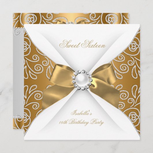 スウィート16ブロンズ金ゴールドフェイクダイヤモンドパーティー 招待状 (正面/裏面)