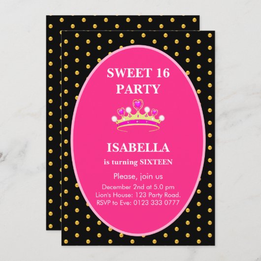 スウィート16プリンセスクラウンバースデーパーティー 招待状 (正面/裏面)