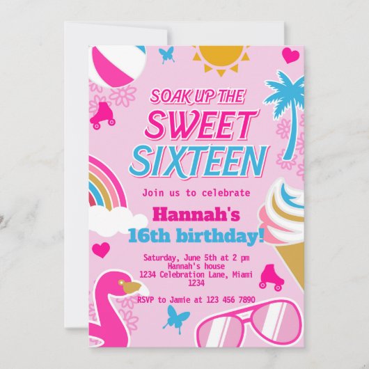 スウィート16プールパーティー誕生日夏 招待状 (正面)