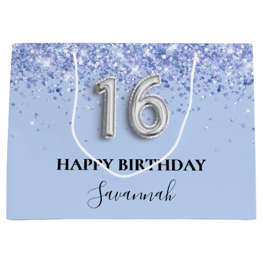 スウィート16ベビーブルーグリッター誕生日 ラージペーパーバッグ (正面)