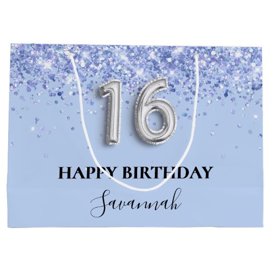 スウィート16ベビーブルーグリッター誕生日 ラージペーパーバッグ (裏面)